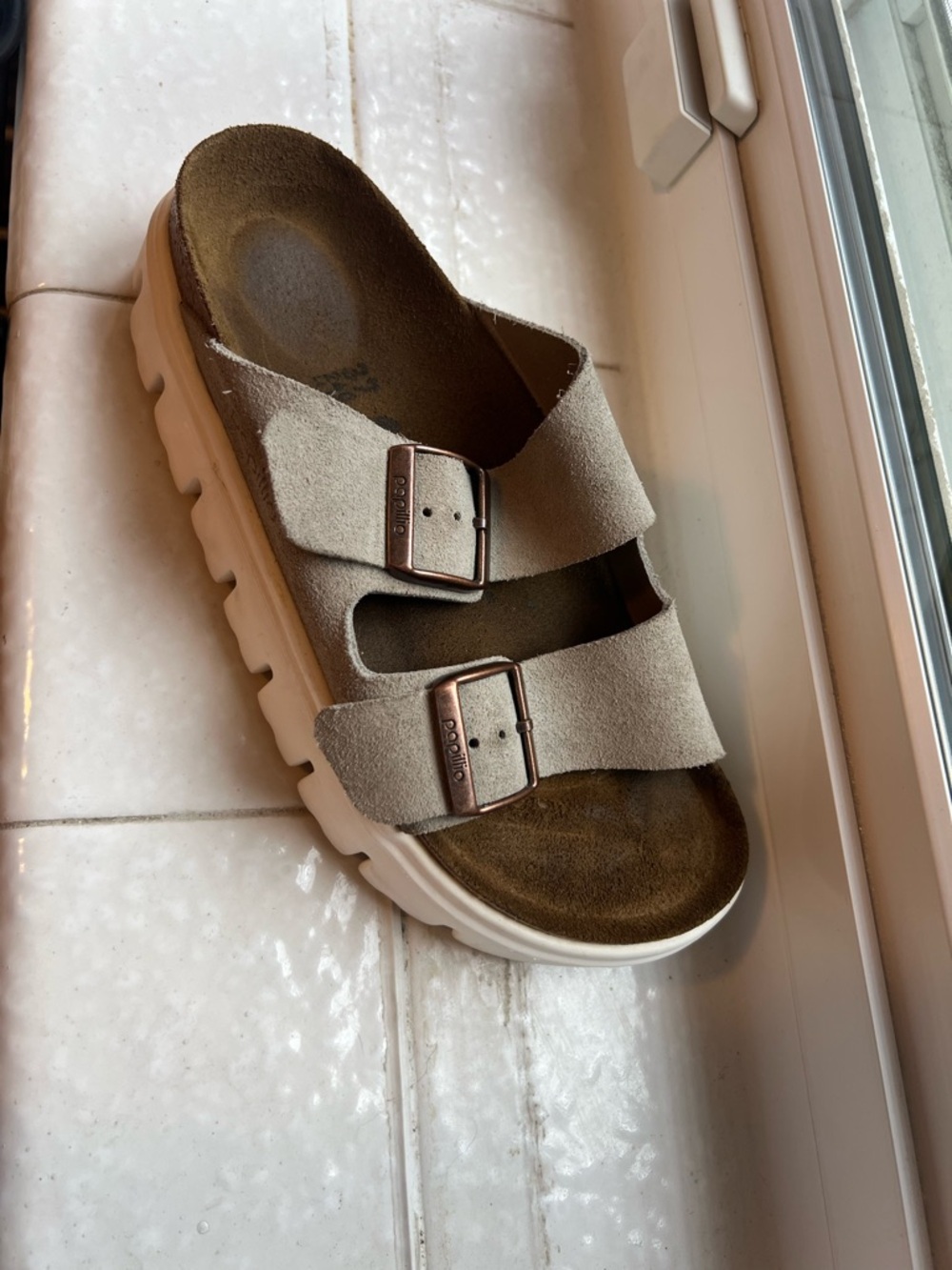 Papillio Taupe Suede Double Buckle Slide Sandals with White Sole - Picture 7 of 7